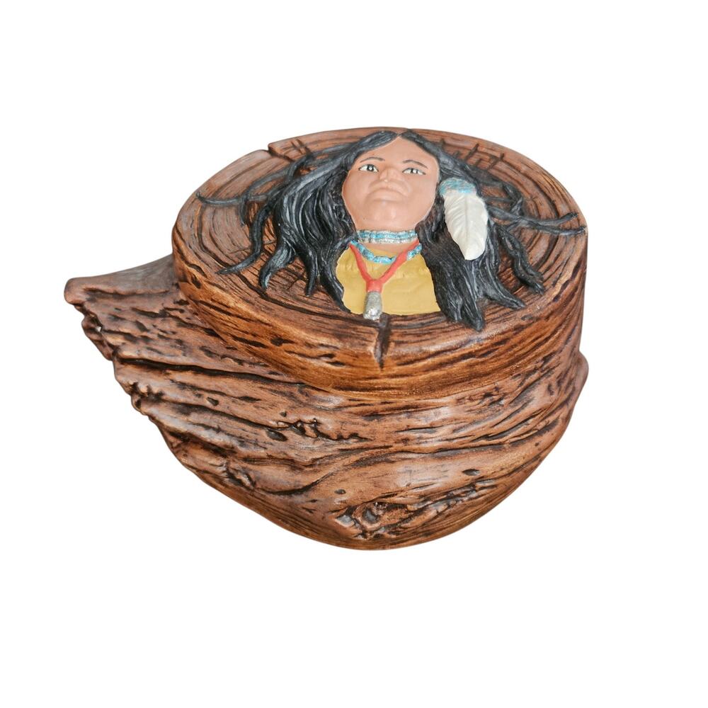 Native American Woman Hand Painted Ceramic Trinket Box Faux Wood Log Keepsake